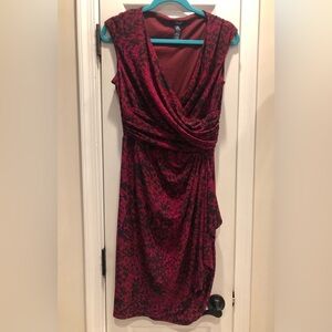 Chaps One-Shoulder Draped Floral Dress in Deep Red and Black